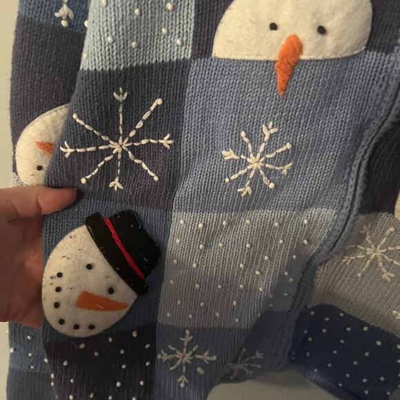 Talbots Full Zip Snowman Winter Cardigan Sweater Womens Size Medium Blue & White - Picture 3 of 8